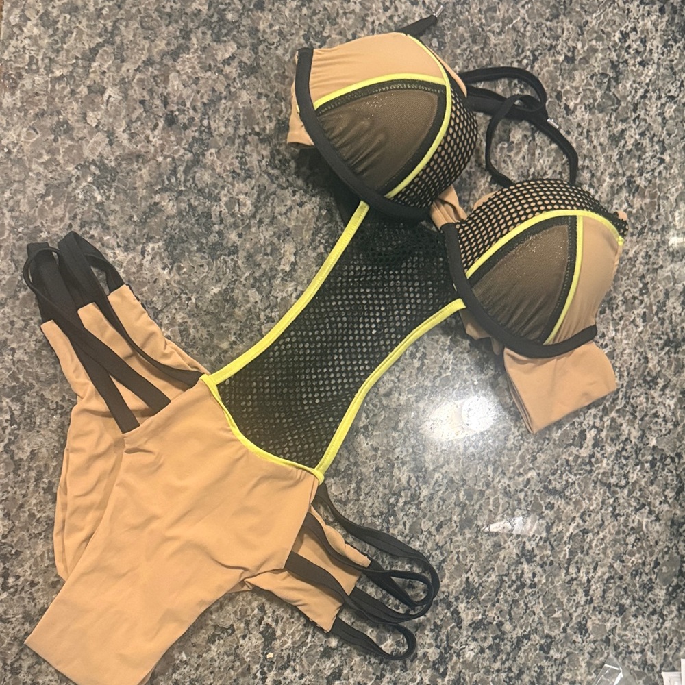 Beach Bunny Tan and Black One-Piece with Neon Yellow Trim